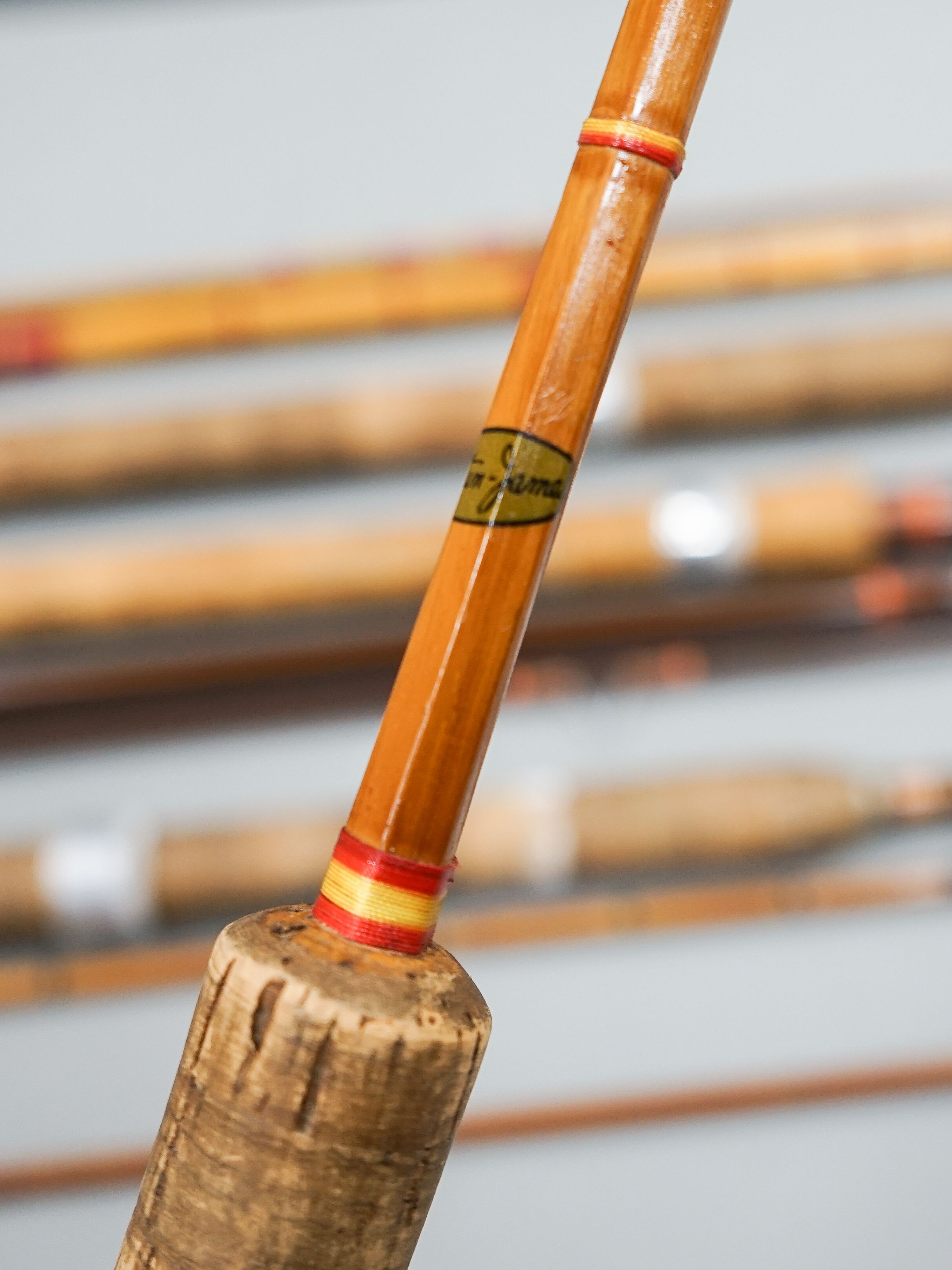 A collection of mixed split cane fishing rods, Les Compton, Elasticane, Carton-James and another (4)